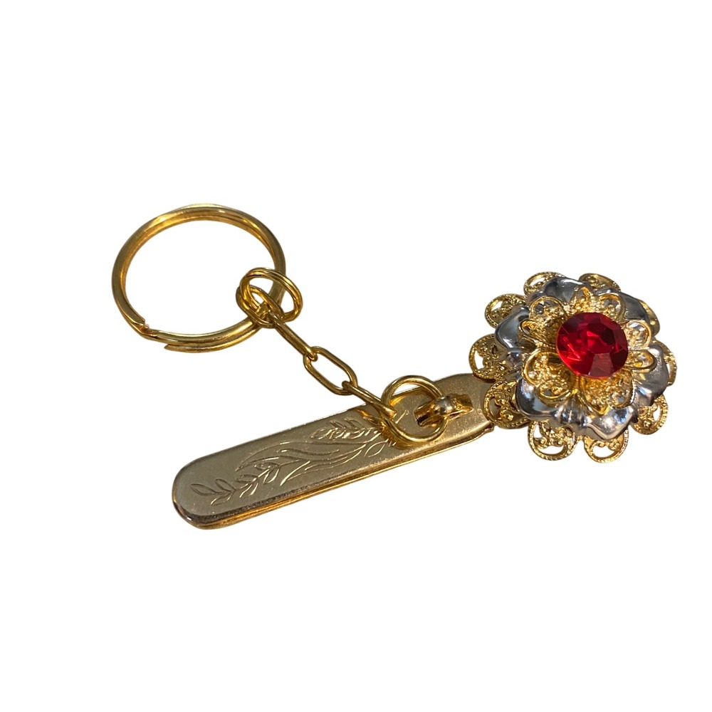 Vintage 1960s Kings Key Finder Gold Purse Clip Red Rhinestone Filigree Flower